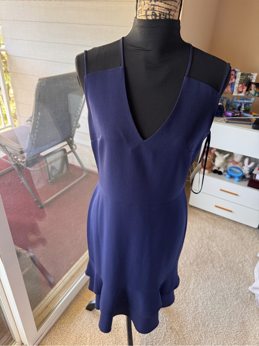 Anne Klein Navy V-Neck Sleeveless Ruffle Hem Dress